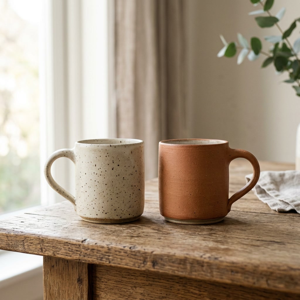 Duo de tasses artisanales en céramique crème et terre