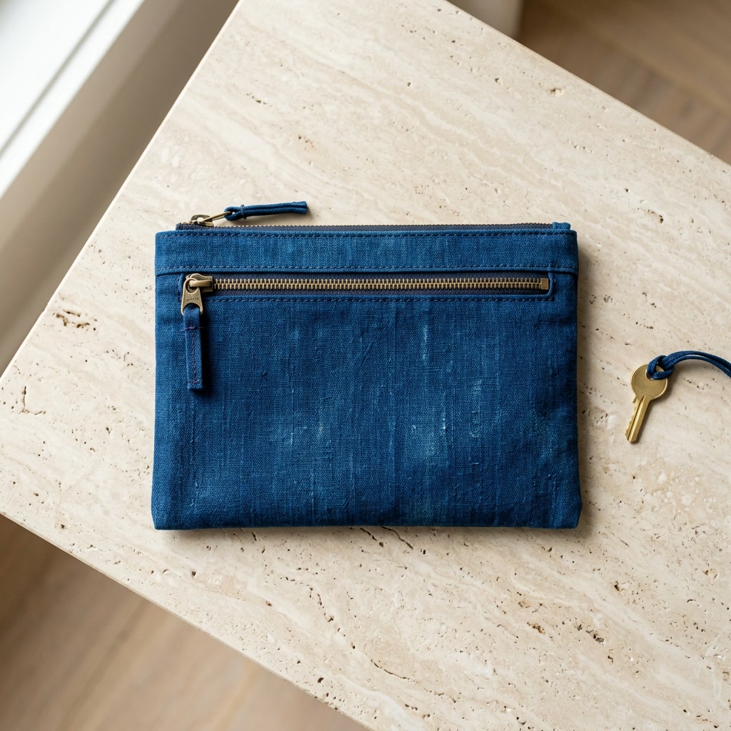Pochette zippée en coton indigo 22x16 cm