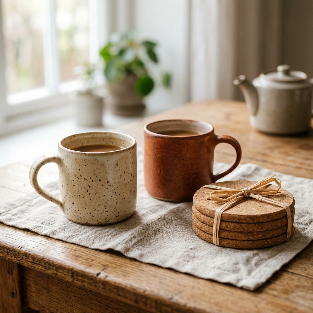 Sélection cadeau: deux tasses céramique et quatre sous-verres en liège
