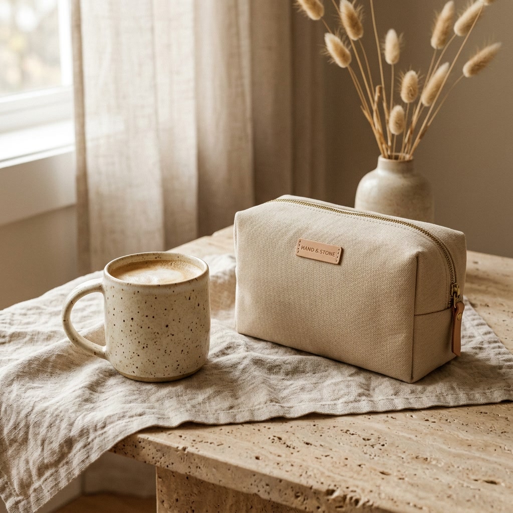 Sélection cadeau: tasse céramique crème et pochette coton sable