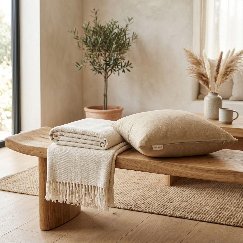 Sélection cadeau: jeté en coton écru frangé et housse de coussin sable